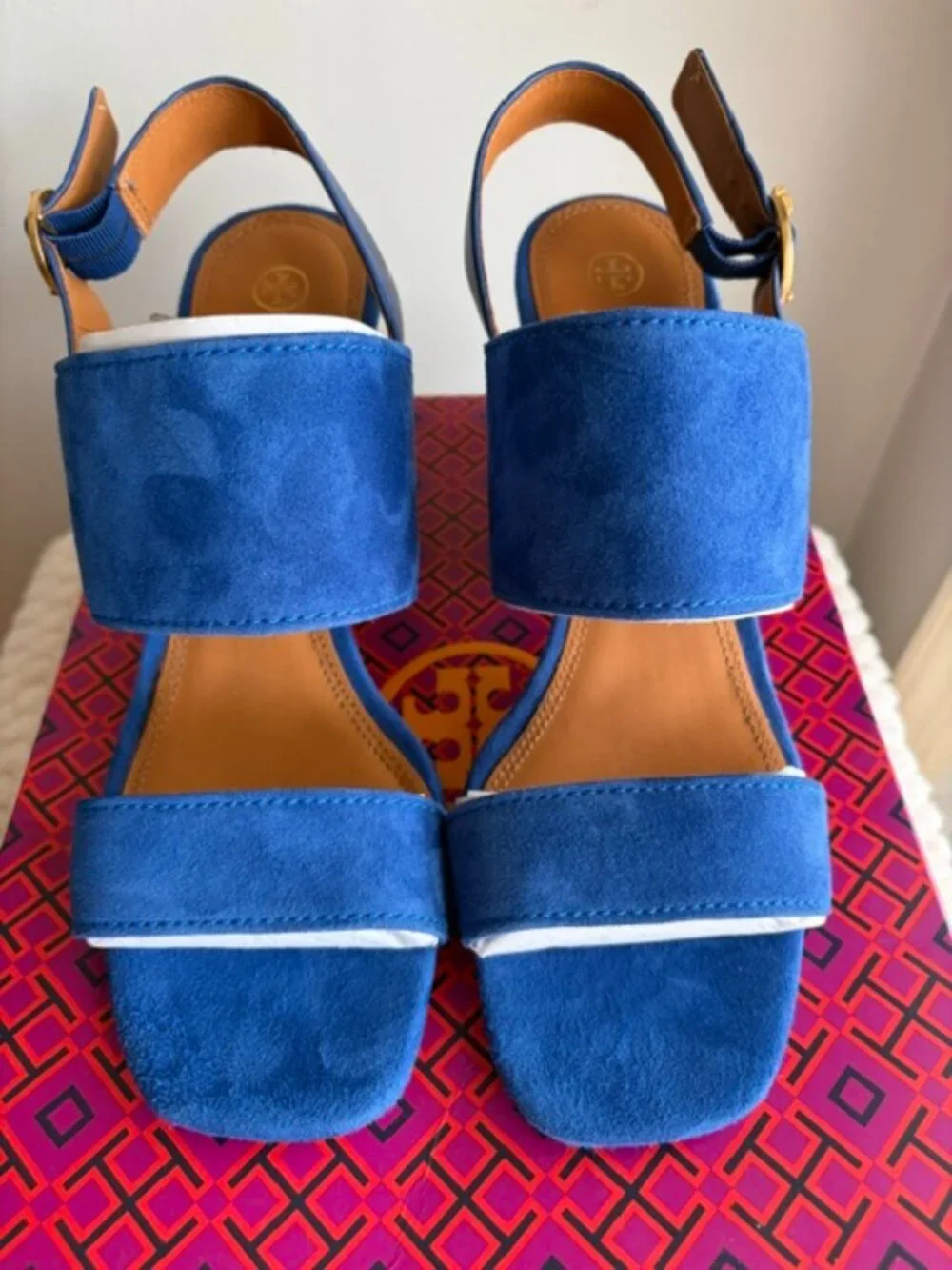 💙 Tory Burch Selby Suede Block Heel Sandals – Nautical Blue – Size 9